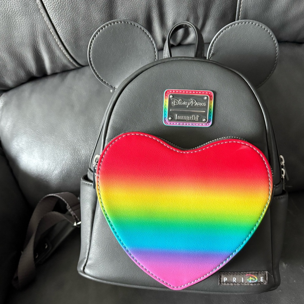 Disney Loungefly Pride Black Backpack with Rainbow Heart front pocket  EUC